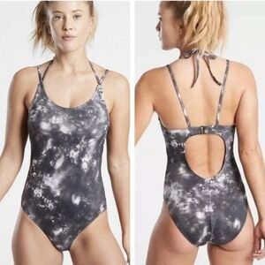 Athleta Tie Dye One Piece Swimsuit Halter Neck Cutout Back Size Large Petite